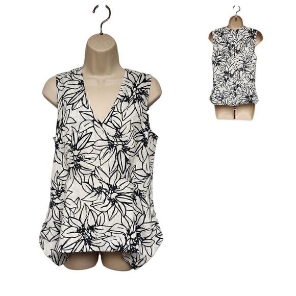 Ellen Tracy V-Neck Asymmetric Hem Multicolor White & Black Blouse Size Medium - Picture 1 of 5